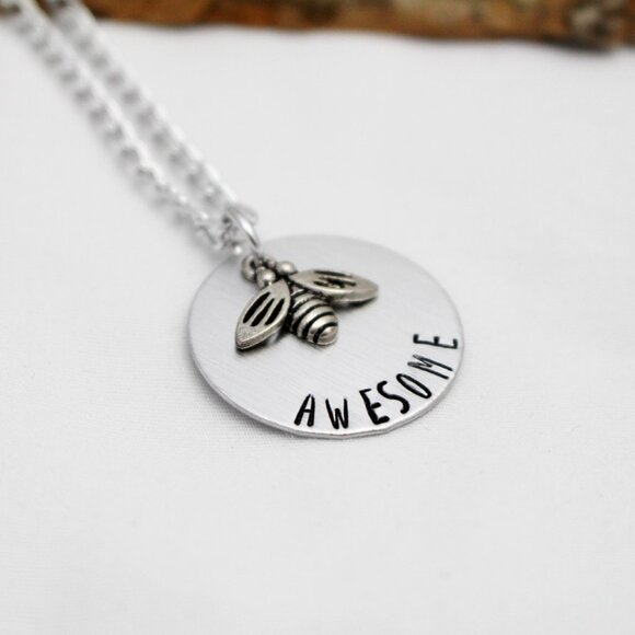 Bee Awesome - Hand Stamped Pendant Necklace - 18" Chain - Handmade - Picture 3 of 5
